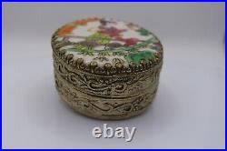 Rare Chinoiserie Hand Painted Porcelain & Silver Trinket Box -Interior Mirror