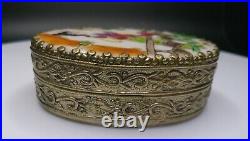 Rare Chinoiserie Hand Painted Porcelain & Silver Trinket Box -Interior Mirror