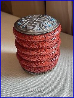 Rare Fine Chinese-silver-enamel-cinnabar Red Lidded Carved Jar-floral Art #020