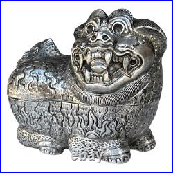 Rare Late 19th Century Chinese Export Foo Lion Foo Dog Box signed Silver