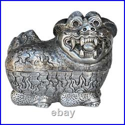 Rare Late 19th Century Chinese Export Foo Lion Foo Dog Box signed Silver