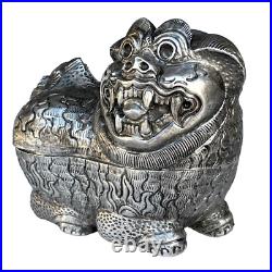 Rare Late 19th Century Chinese Export Foo Lion Foo Dog Box signed Silver