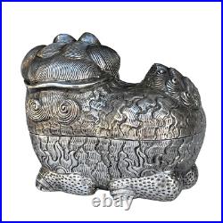 Rare Late 19th Century Chinese Export Foo Lion Foo Dog Box signed Silver