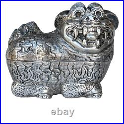 Rare Late 19th Century Chinese Export Foo Lion Foo Dog Box signed Silver