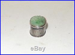Rare Old Chinese Silver Carved White & Imperial Green Jade Tiny Opium Pill Box