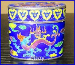 Rare Old Chinese Silver Cloisonne Repousse Enamel Dragon Opium Jar Box Signed