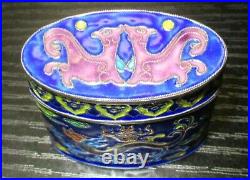 Rare Old Chinese Silver Cloisonne Repousse Enamel Dragon Opium Jar Box Signed