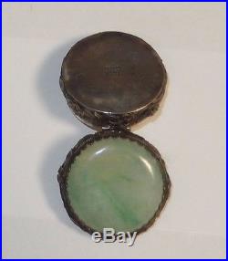 Rare Old Chinese Silver White & Imperial Green Jade Pill Box