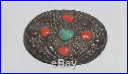 Rare Old Chinese Turquoise And Coral Silver Footed Trinketjar Box