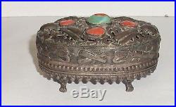 Rare Old Chinese Turquoise And Coral Silver Footed Trinketjar Box