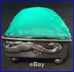 Rare Wang Hing Chinese Sterling Silver Dragon Pin Cushion / Box Circa 1890-1900