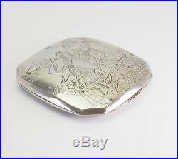 Rare antique Art Deco etched signed Chinese 950 silver compact mirror powder box