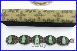 Rare old Chinese silver filigree & carved jade GuanYin bracelet W box