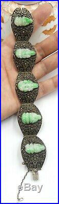 Rare old Chinese silver filigree & carved jade GuanYin bracelet W box