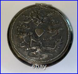 SALE Antique Chinese Export Compact 3 Round with Raised Dragon Silver Compact