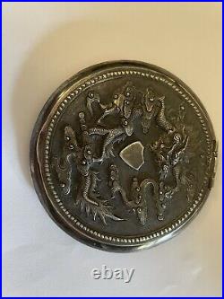 SALE Antique Chinese Export Compact 3 Round with Raised Dragon Silver Compact
