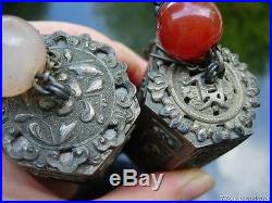 Set Four Antique Chinese Silver And Carnelian Agate Beads Hanging Ornaments