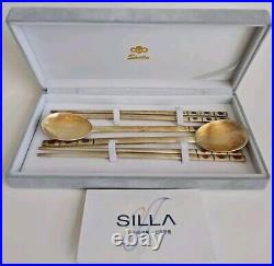 SILLA. 800 Sterling Silver Chopsticks & Spoons Set with Box Korean NEW