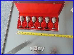 SIX Vintage Chinese export dragon sterling silver cups goblets glasses Set W Box
