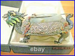 SOLD SILVER & GREEN JADE RING ASIA EXPORT ANTIQUE DRANGON ASHTRAY With BOX