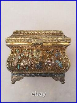 SUPERB vintage Chinese gilt silver mini enamel treasure chest 73.9gram