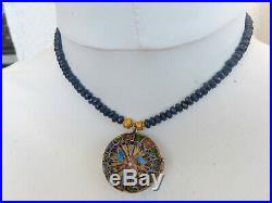 Sapphire Necklace with Vintage Chinese Silver Enamel Pendant Perfume Box