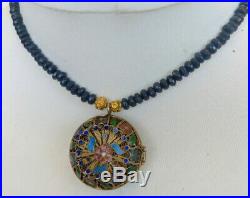 Sapphire Necklace with Vintage Chinese Silver Enamel Pendant Perfume Box