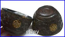 Set 10 Chinese 19C Coconut Tea Bowl Cup Silver Lining Original Wood Box Label Mk
