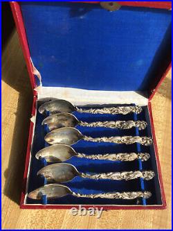 Set Of 6 Antique Chinese Dragon Silver Demitasse Spoons In Box