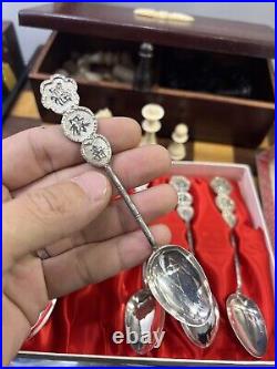 Set Of 6 Chinese Sterling Silver Spoons For Wedding Gifts. Come With Glass Box