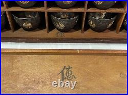 Set of 10 Antique Chinese Qing Dynasty Silver-lined Coconut Cups with Wood Box