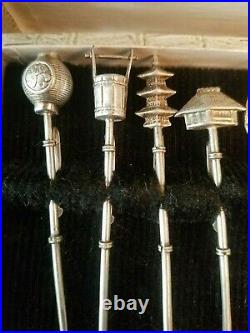 Set of 8 Vintage Sterling Silver 925 Chinese Toothpicks/Broochs in Original Box