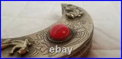 Signed 19th Century Chinese Export Silver Covered with Coral Stone Cresent Box