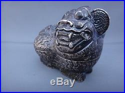 Signed Antique Chinese Export Sterling Silver Foo Dog Trinket Box Figurine