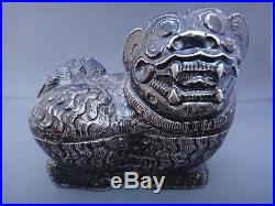 Signed Antique Chinese Export Sterling Silver Foo Dog Trinket Box Figurine