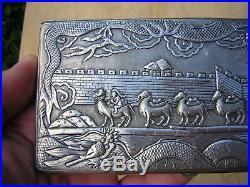 Signed Antique Chinese Sterling Silver Cigarette Case Box Dragons + Great Wall