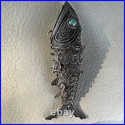 Silver Filigree Koi Fish Chinese Pendant Turquoise Eye Articulate Pill Box Chain