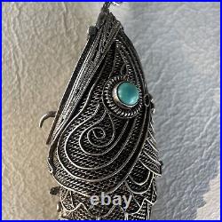 Silver Filigree Koi Fish Chinese Pendant Turquoise Eye Articulate Pill Box Chain