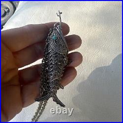 Silver Filigree Koi Fish Chinese Pendant Turquoise Eye Articulate Pill Box Chain