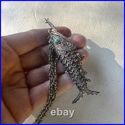 Silver Filigree Koi Fish Chinese Pendant Turquoise Eye Articulate Pill Box Chain