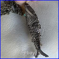 Silver Filigree Koi Fish Chinese Pendant Turquoise Eye Articulate Pill Box Chain