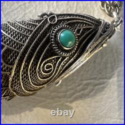 Silver Filigree Koi Fish Chinese Pendant Turquoise Eye Articulate Pill Box Chain