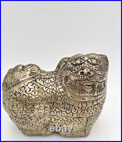 Silver Foo Dog Lion Tea Trinket Handmade Box Vintage Asian 5L x 4H VGC