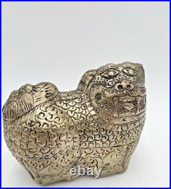 Silver Foo Dog Lion Tea Trinket Handmade Box Vintage Asian 5L x 4H VGC