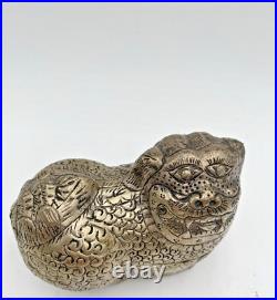 Silver Foo Dog Lion Tea Trinket Handmade Box Vintage Asian 5L x 4H VGC