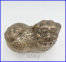 Silver Foo Dog Lion Tea Trinket Handmade Box Vintage Asian 5L x 4H VGC