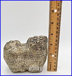 Silver Foo Dog Lion Tea Trinket Handmade Box Vintage Asian 5L x 4H VGC