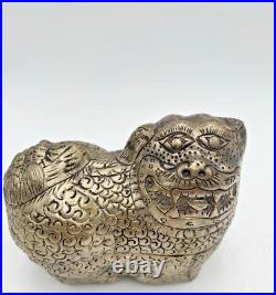 Silver Foo Dog Lion Tea Trinket Handmade Box Vintage Asian 5L x 4H VGC