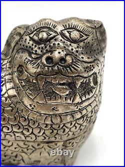 Silver Foo Dog Lion Tea Trinket Handmade Box Vintage Asian 5L x 4H VGC