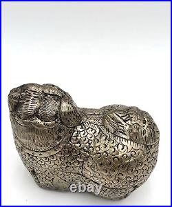 Silver Foo Dog Lion Tea Trinket Handmade Box Vintage Asian 5L x 4H VGC